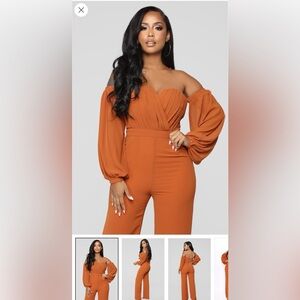 Fashion Nova Off-Shoulder Jumpsuit in Orange